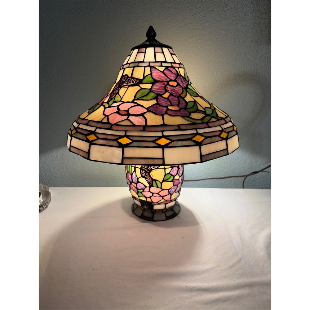 Tiffany Style Stained Glass Floral Butterfly Table Lamp with Lighted Base